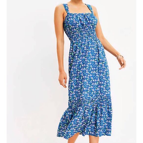 LOFT Dress Women's Large Blue Floral Shirred Flounce Maxi Cotton Cottage - Picture 1 of 5